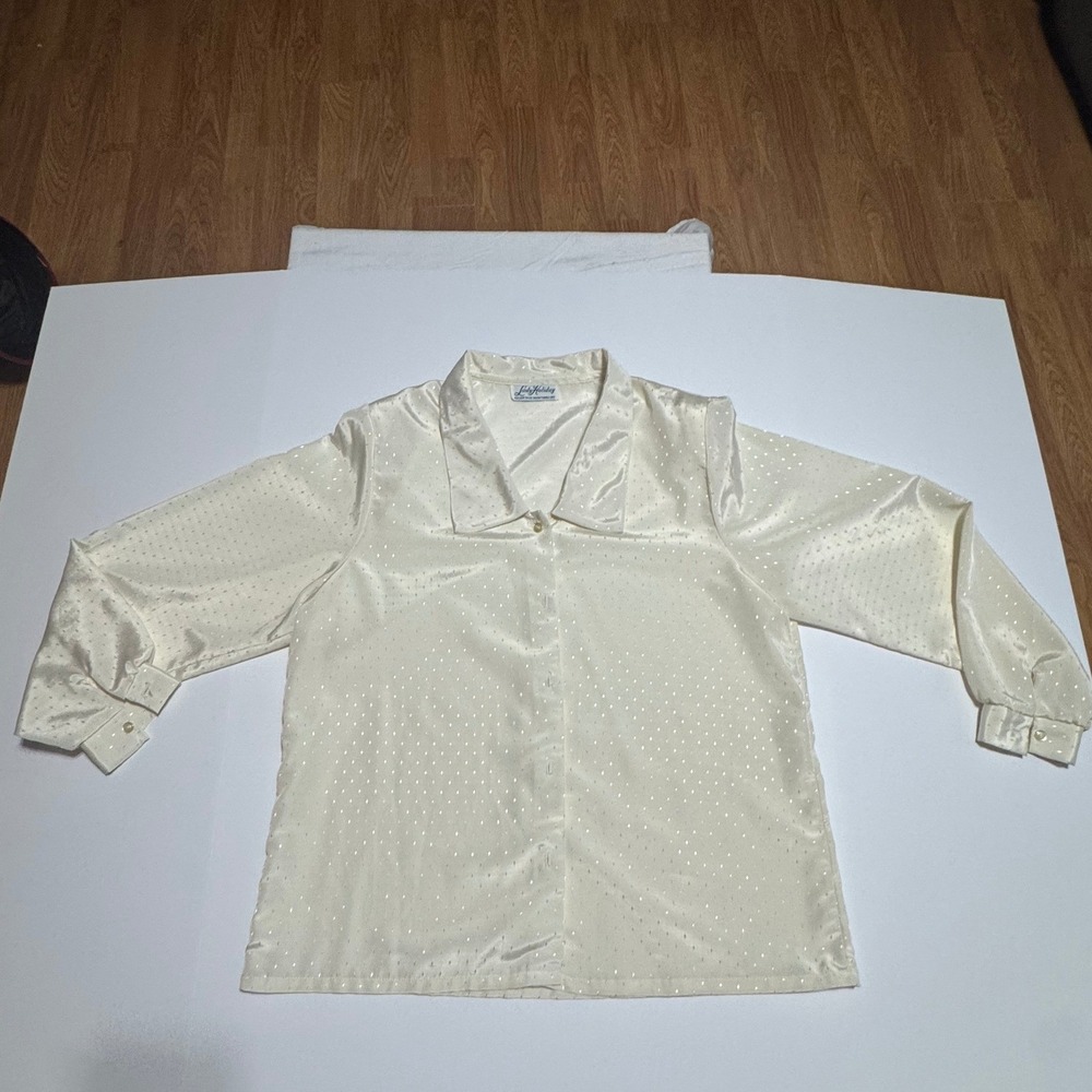 Lady Holiday Vintage Cream Satin Button Down Blouse Jacquard Star Pattern XL